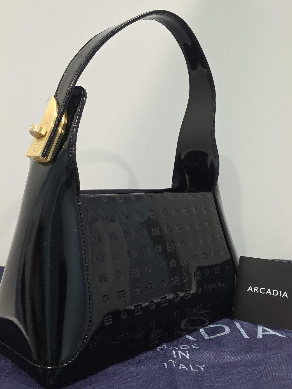NEW ✅ Arcadia Embossed Patent Leather Trapezoid Shoulder Bag BLACK Dust Bag, COA